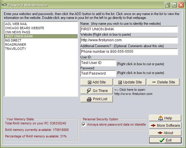 Password Maintenance screen shot